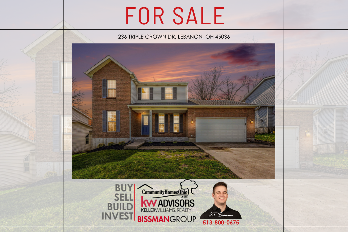 Two-story brick house with attached garage for sale at 236 Triple Crown Dr, Lebanon, OH (sunset sky).